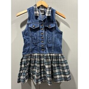 VTG 90s Y2K In Design Denim Vest Plaid Drop Waist Dress Sleeveless Cotton Size M
